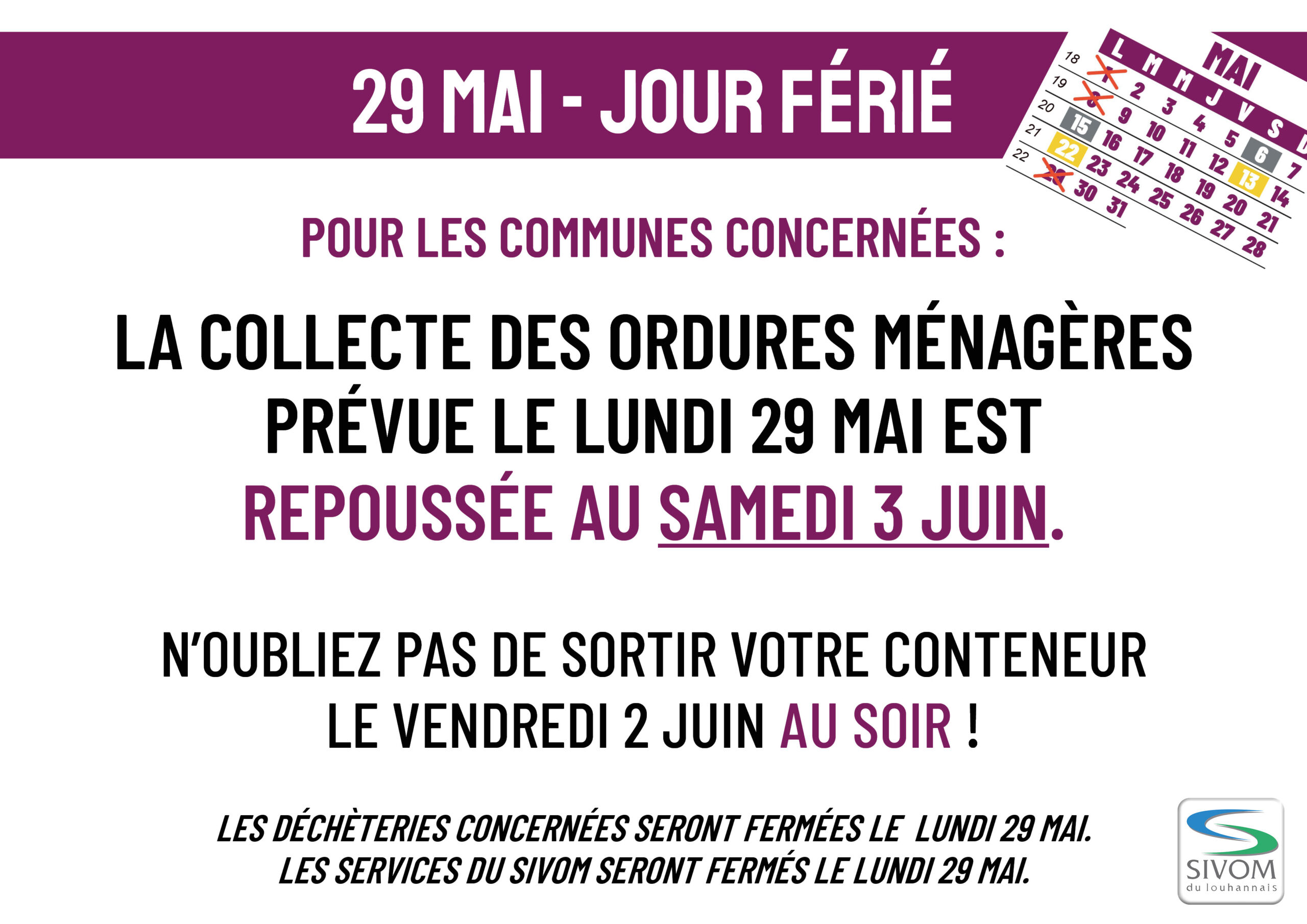 Férié 29 mai 2023