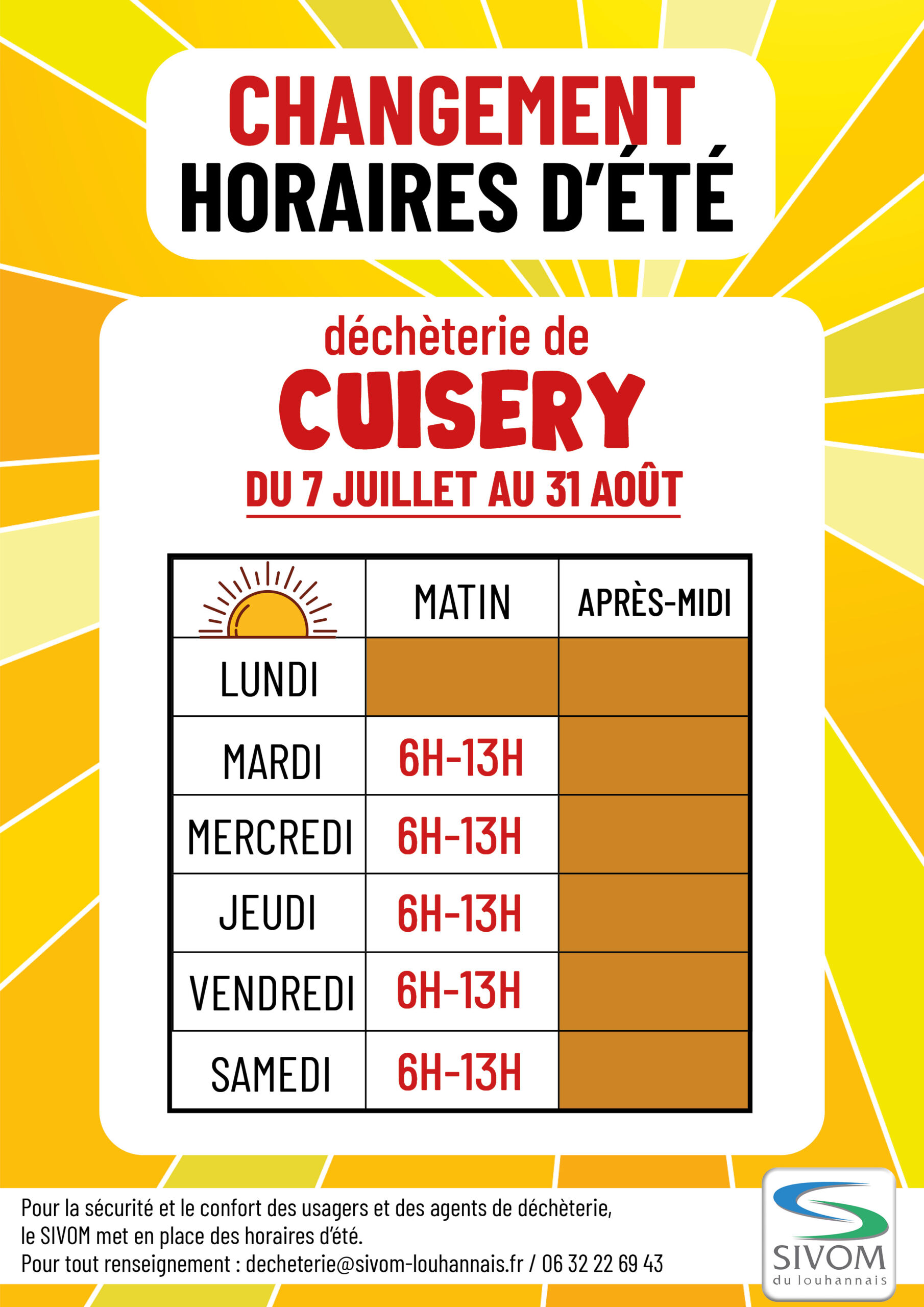 Horaires Déchèterie Cuisery - Été 2025