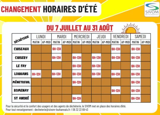 Horaires Déchèteries Toutes - Été 2025